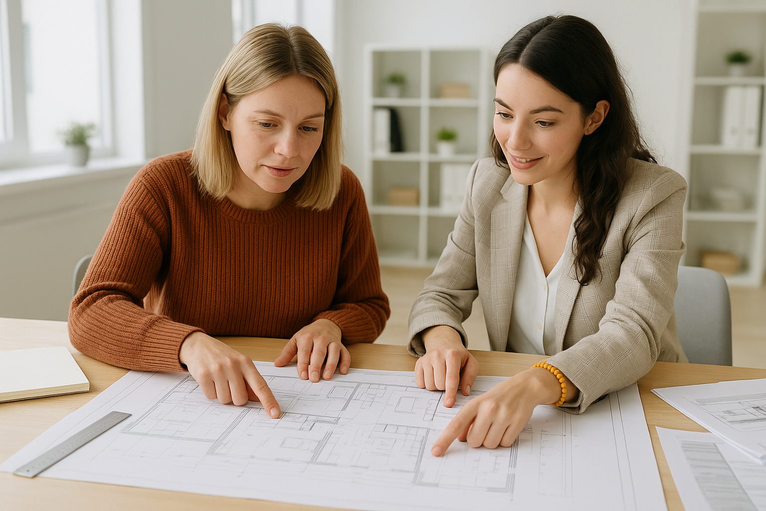 Immobilienmaklerin im Gespräch mit Kundin und Grundrissunterlagen